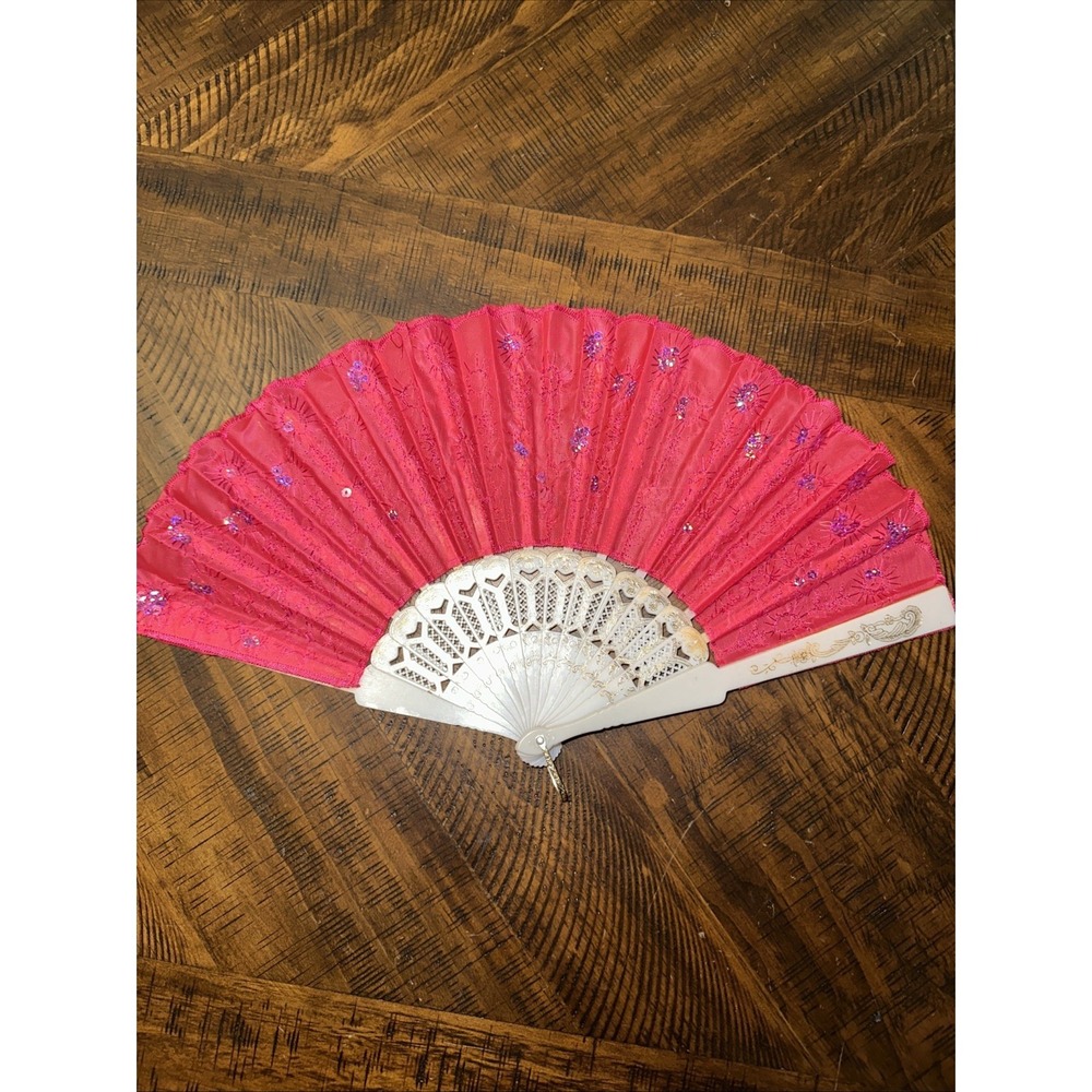 Vintage 10" Cloth Folding Hand Fan Hot Pink
